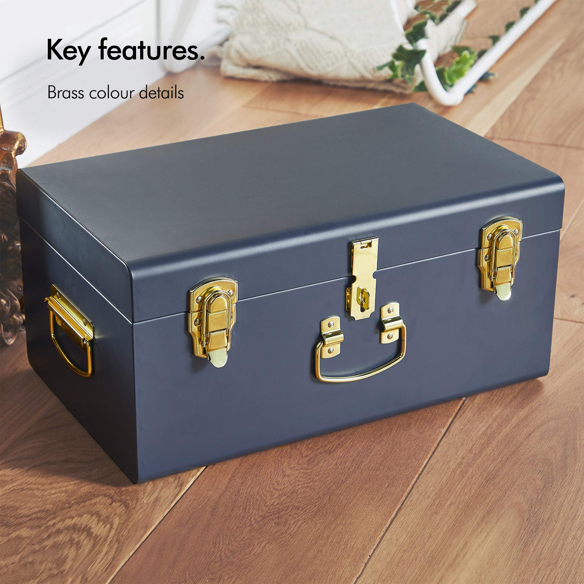 Beautify Set of 3 Navy Blue Vintage Metal Steel Storage Trunk Set Lockable and Decorative with