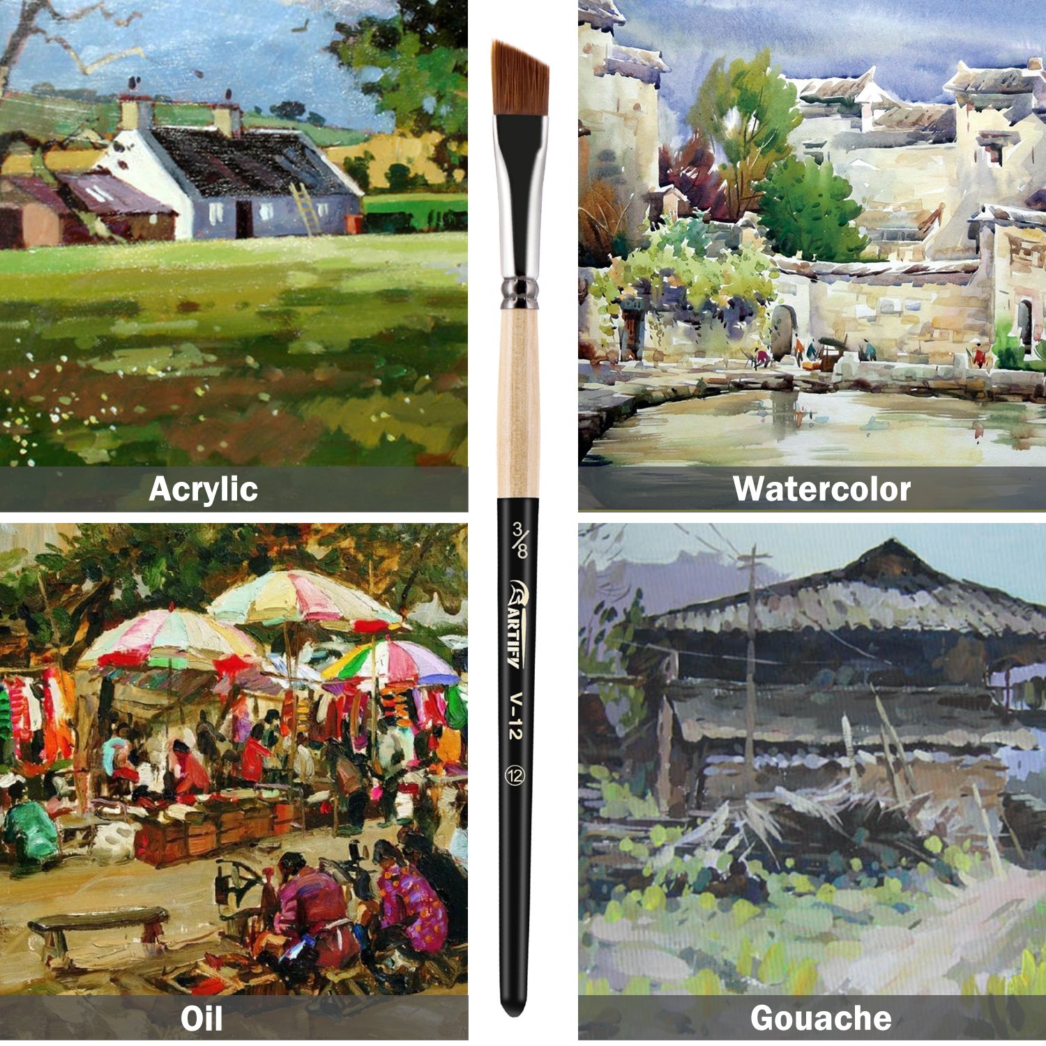 Artify 2018 New 12 Pcs Paint Brush Set with Amber Nylon Hairs Perfect for Acrylic, Oil, Watercolor, Gouache and Face Painting