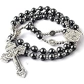 HanlinCC Hematite Rosary Necklace for Men and Women, Black Stone and Stainless Steel Beads, 48cm Length