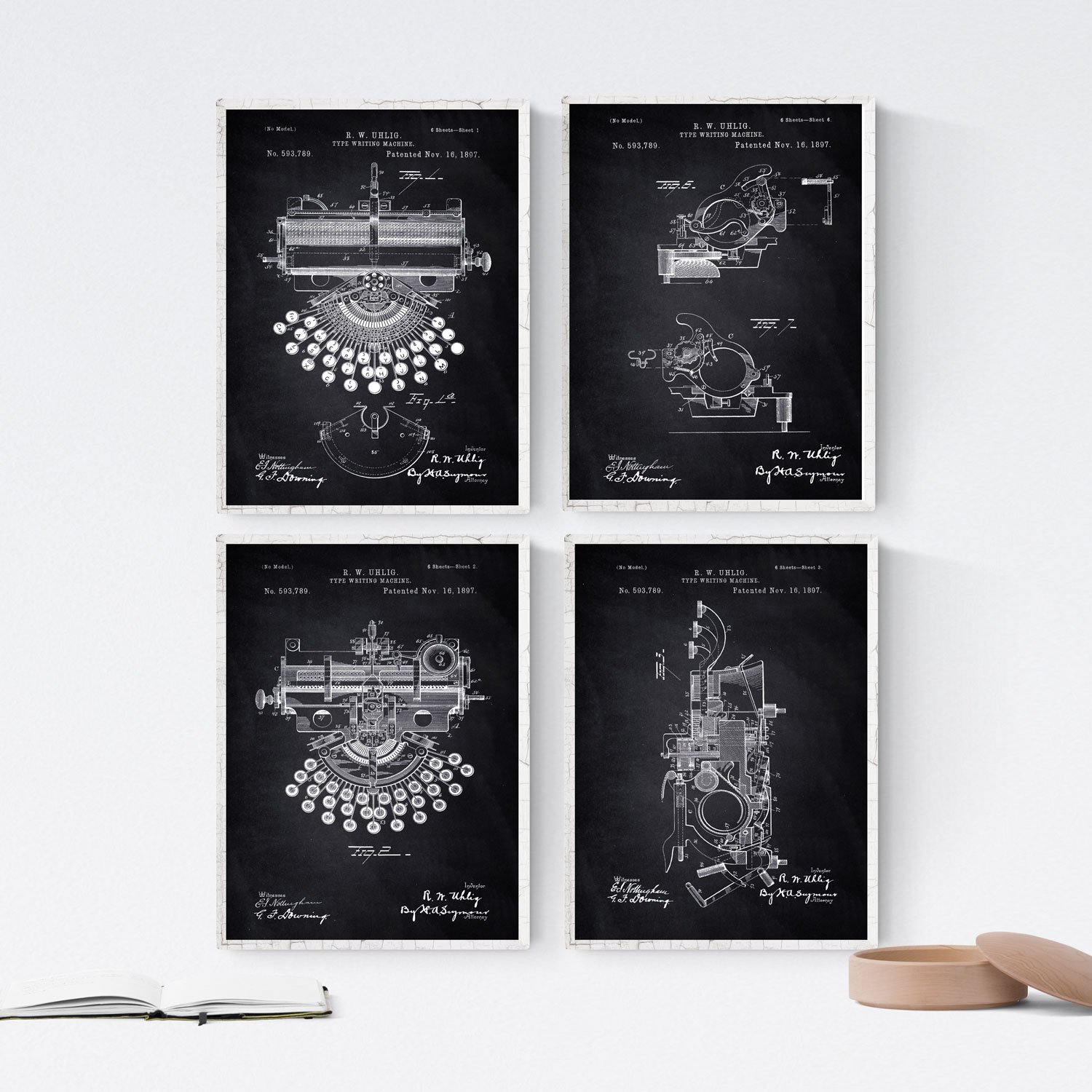 Nacnic BLACK - Pack of 4 sheets with PATENTS Typewriters. Set posters with inventions and old patents. Choose the color you like. Printed on 250 grams