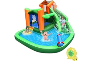 BESTPARTY Inflatable Water Slide,Bounce House with Penguins Print,Water Slides for Kids Backyard with Climbing Wall and Basketball Rim,Water Park with Splash Pool and Water cannon,Blower Included