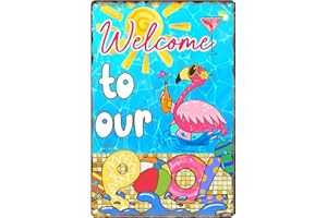 LEBSITEY Welcome to Our Pool Tin Sign, Swimming Pool Metal Tin Sign, Decor Pool Gifts for Pool Summer Garden Outdoor Decorations, 12x 8 Inch (Flamingo Pool)