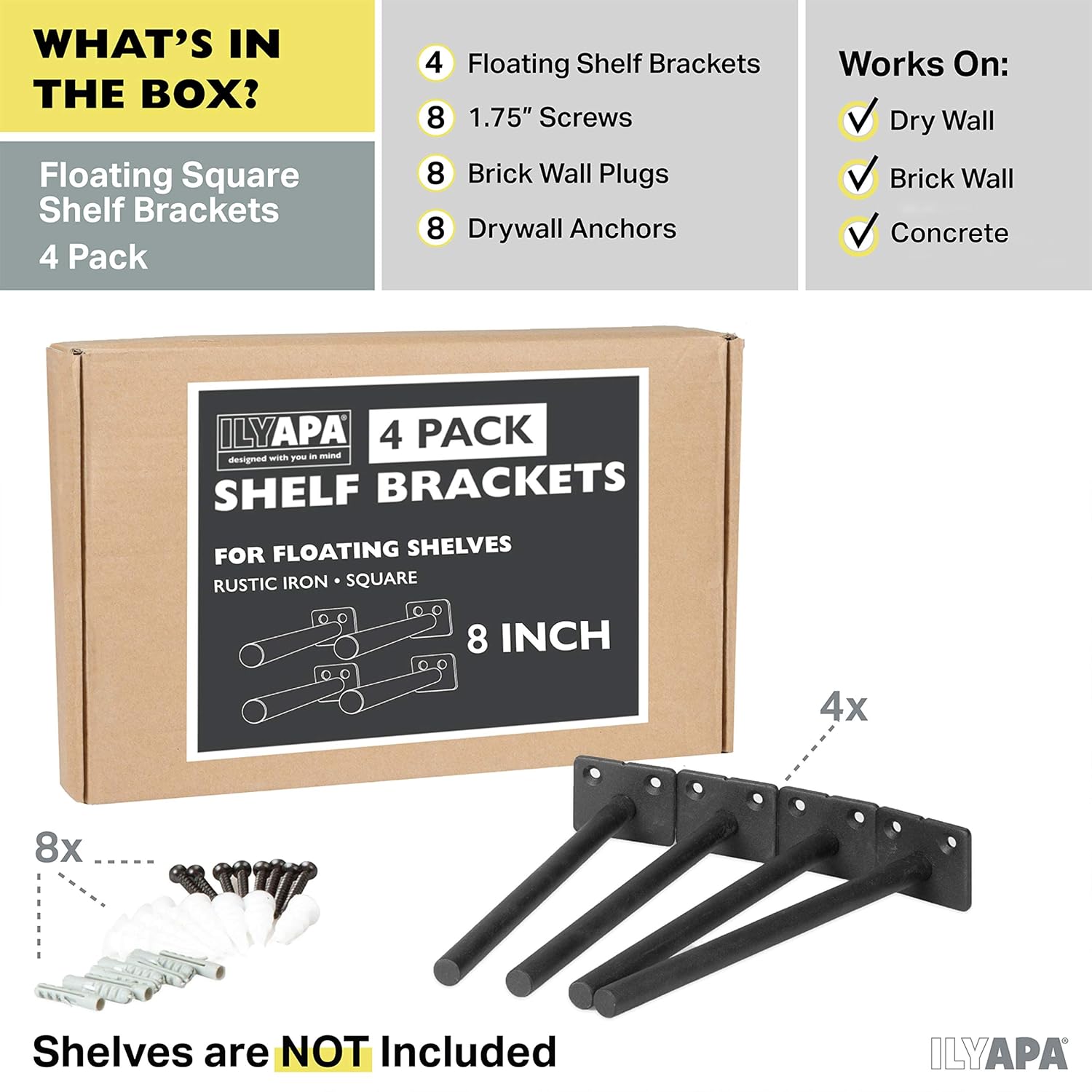 Heavy Duty Steel Concealed Floating Shelf Brackets 4 Pack of 8 Inch Blind Shelf Supports with 1.5" x 2" Square Base - Farmhouse Rustic Iron Finish Industrial Metal Shelf Holders, Hidden Shelf Brackets: Home Improvement