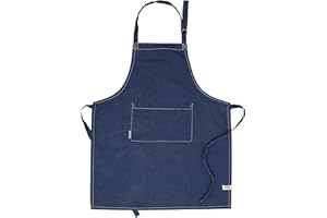 AMOUR INFINI Cotton Solid Aprons for Women with Pockets Adjustable Strap & Waist Ties Washed Apron for Baking, Cooking, Gardening (27.5x33 Inches - Blue)