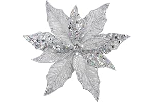 Briful 12'' Large Heads Christmas Glitter Poinsettia Flowers Christmas Tree Ornaments Set of 4 Artificial Flowers with Long Stems for Xmas Tree Party DIY Holiday Decorations, Silver