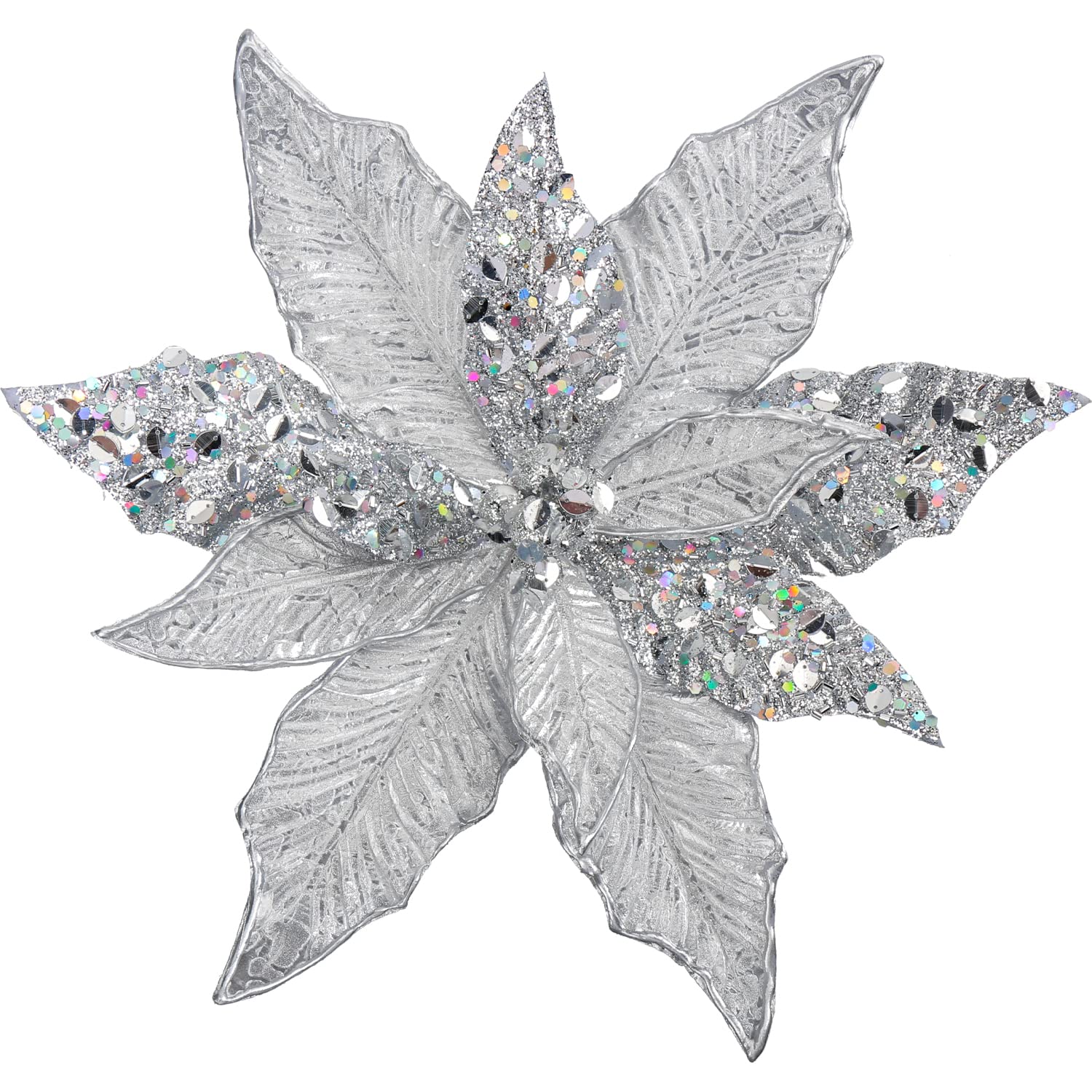 Oairse 4PCS Large Glitter Poinsettia Flowers 12"/30cm Silver Artificial Christmas Flowers Picks with Long Stem Christmas Tree Decorations for Xmas Tree Ornaments Wedding New Year Halloween — image 1