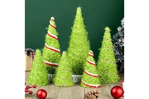 YLOLUL 6 PCS 12" 10" 6" Lime Green Furry Christmas Cone Tree Christmas Handmade Xmas Velvet Trees Tabletop Centerpieces Mini Farmhouse Red Green Tree for Kitchen Mantle Winter Home Wedding Party Ornaments