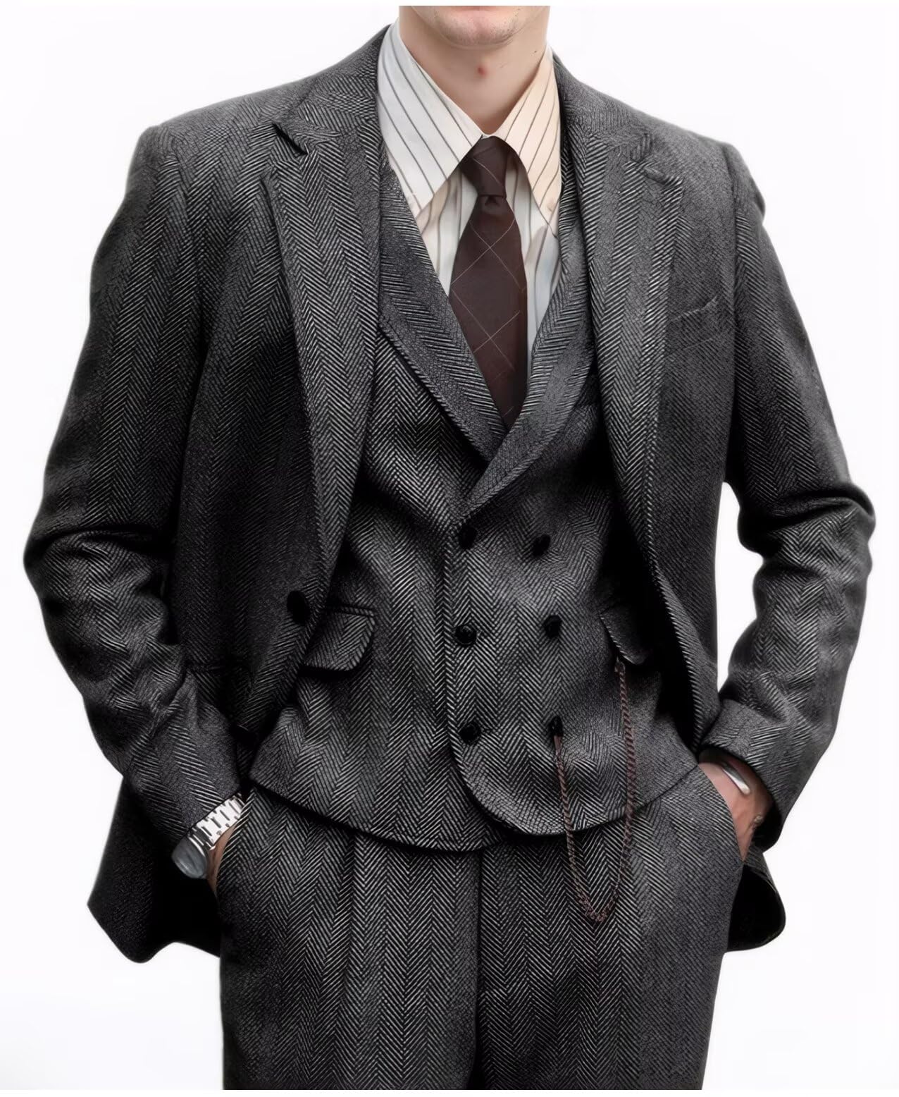 Photo 1 of Retro 3 Piece Suit Men Slim Fit Herringbone Suits Blazer Vest Pants Mens Light Grey Wool Suit Tweed Jacket Men Prom Tuxedo L