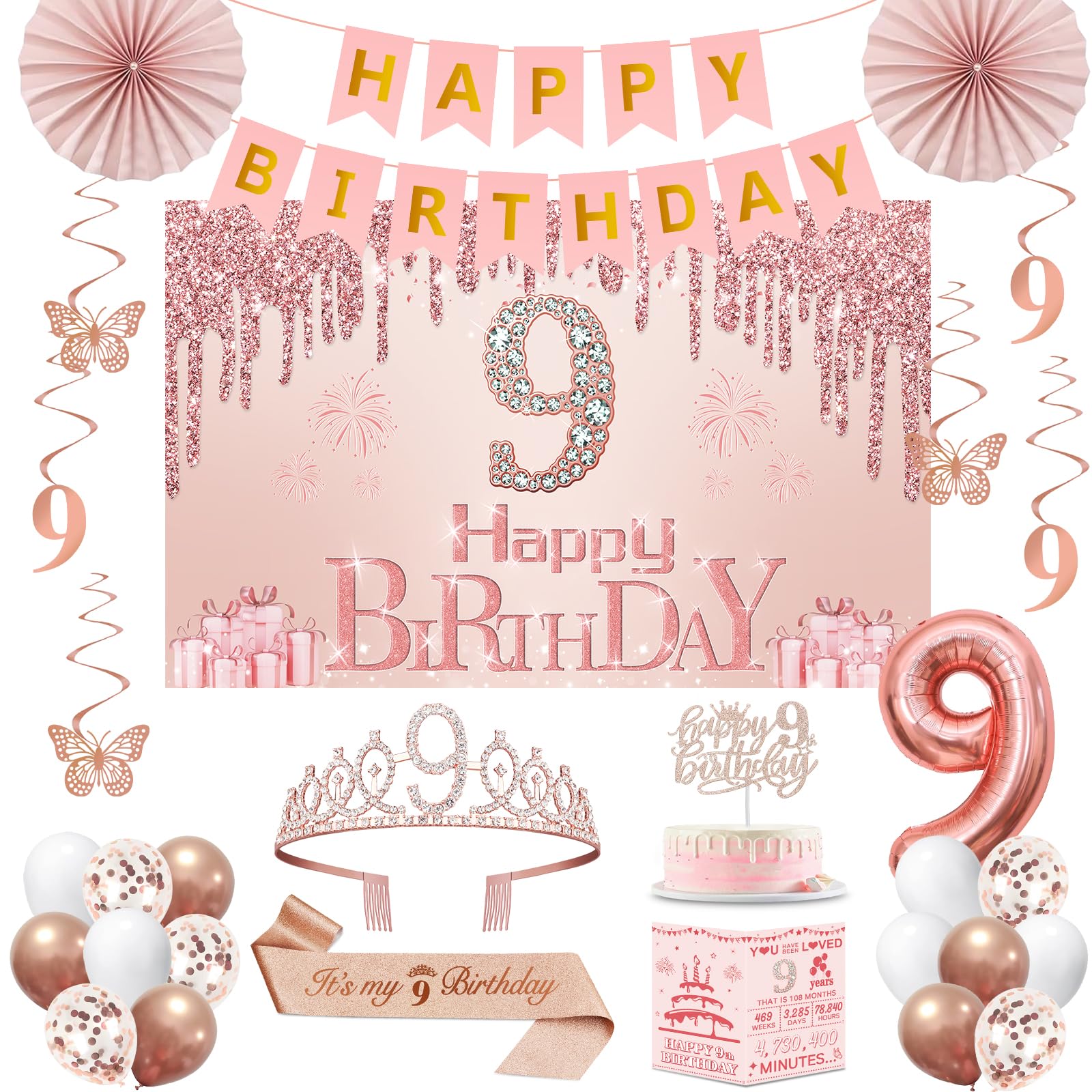Photo 1 of 9th Birthday Decorations for Girls,32PCS 9 year old Birthday Party Decorations, Including Backdrop, Crown, Sash, banner, Hanging Swirl, Cake Topper, Paper Fans, balloons and Anniversary Card