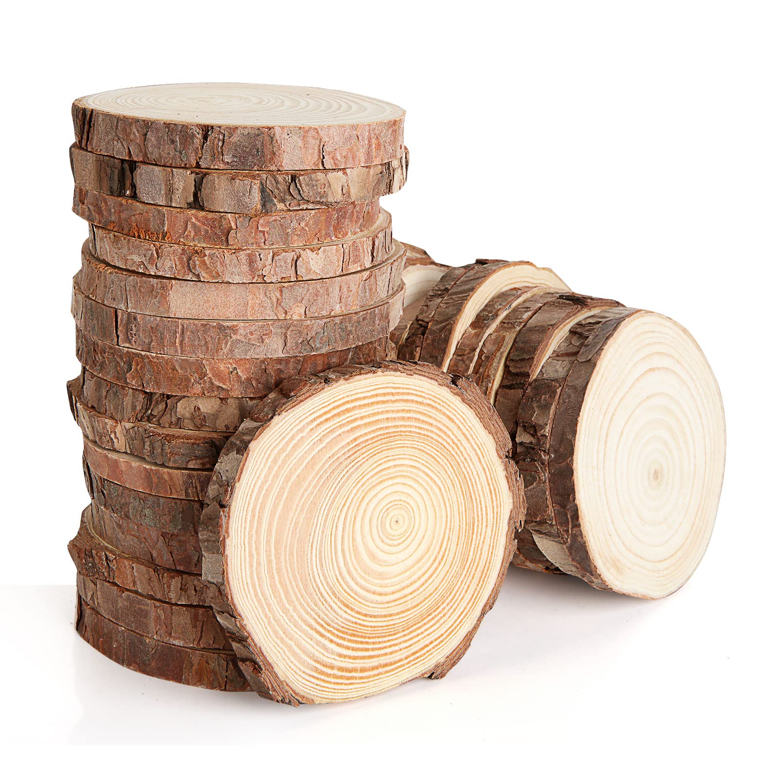 YOUNTHYE 30PCS Unfinished Natural Wood Slices, 9-10cm Log Slices Wooden Circles with Bark, Craft Wood Slices for Wedding Decorations Christmas Ornaments