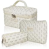 Gosect Quilted Makeup Bag, Large Floral Cosmetic Bag for Women, Cute Cotton Makeup Bag, Flower Travel Toiletry Organizer Bag (Flower)