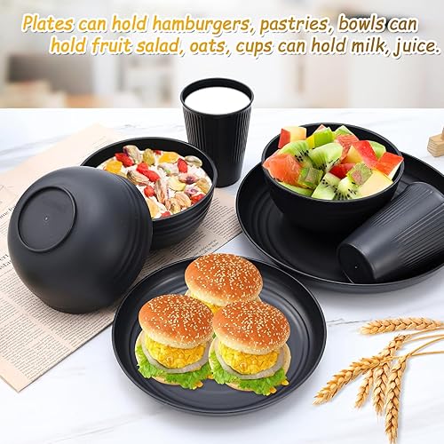 Plastic Dinner Black Melamine Dinnerware Sets Outdoor Plastic Plates And  Bowls SIPOMU 32Pcs Black Plastic
