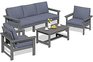 SERWALL HDPE Patio Conversation Set, 6-Piece Sectional Outdoor Furniture Set, All Weather Outdoor Couch Set Patio Furniture Set for Deck, Lawn, Grey Frame with Grey Cushion