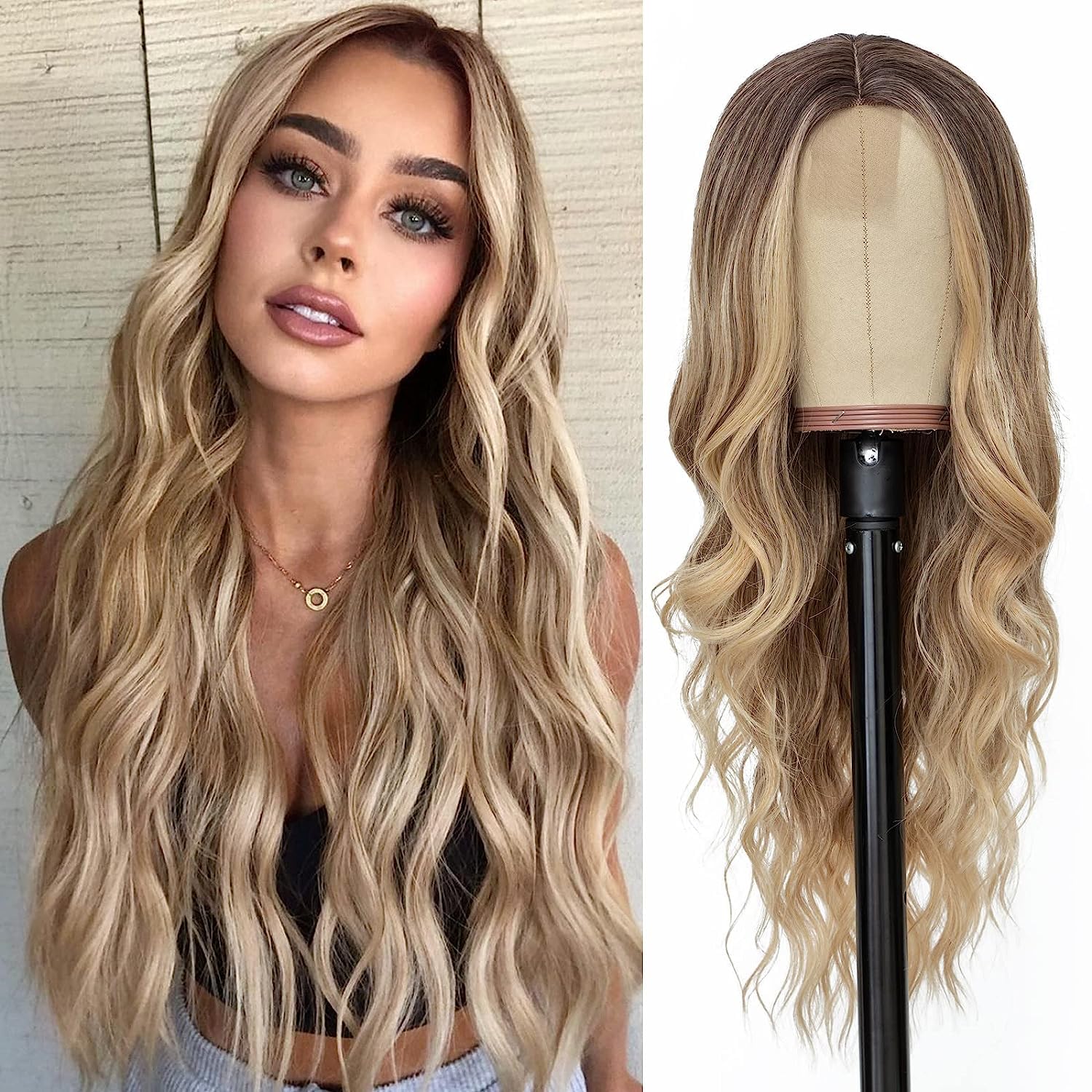 PORSMEER Long Ombre Blonde Wavy Wig - Women's Lace Middle Part Curly Wig, Natural Looking Synthetic Heat Resistant 26 Inch