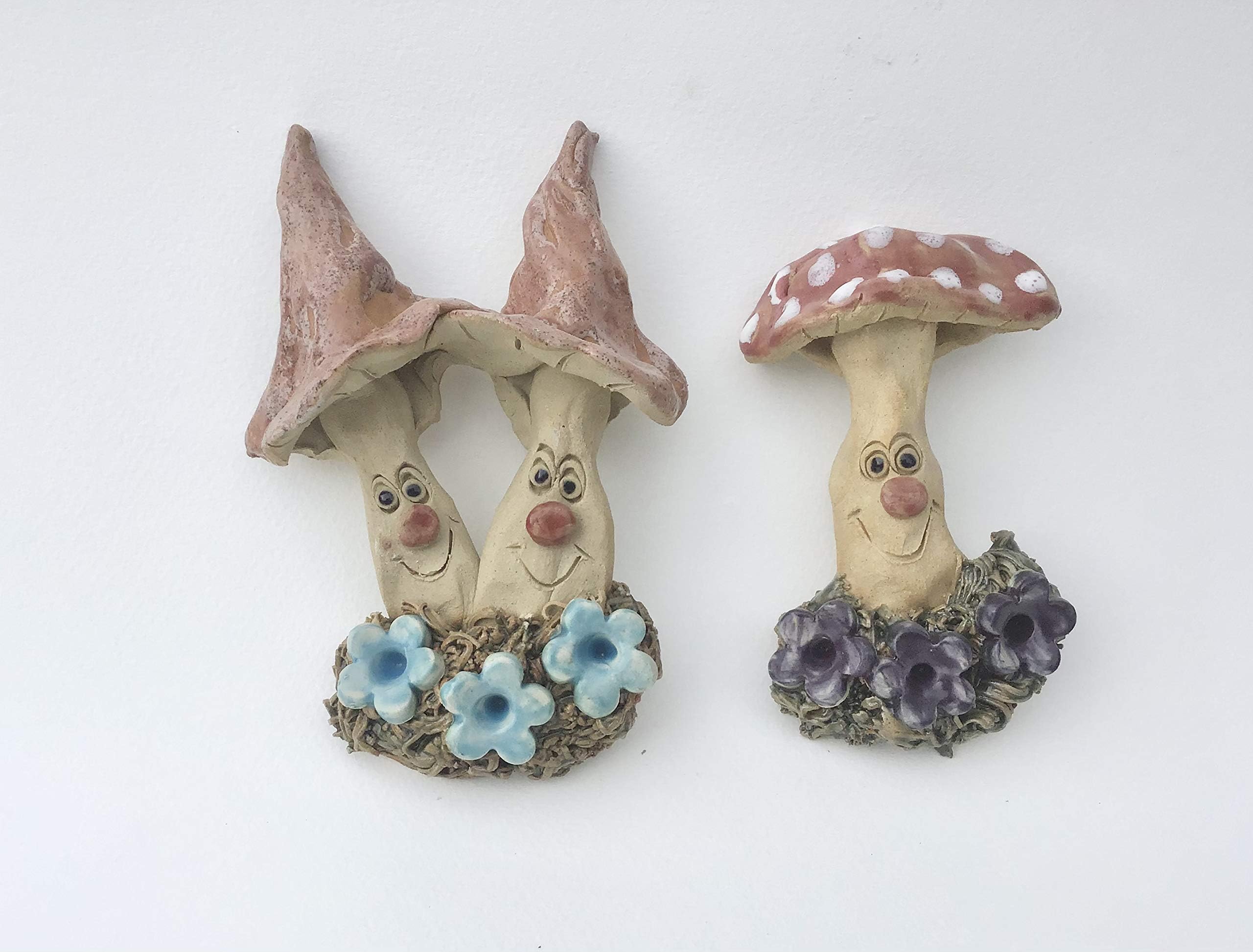 Fairy garden mushrooms, happy face mushroom men, wall, tree, shed decoration, handmade, ceramic and frost proof. SOLD AS A PAIR.