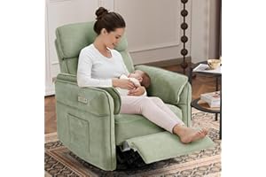 MELLCOM Power Recliner Rocking Chair Nursery Gliders with Adjustable Armrests and Headrest, Swivel Electric Glider Reclining Nursing Chair with USB Port and Storage Bags, FSC Certified(Fabric, Green)