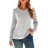 Glamaker Women's 2025 Fall Long Sleeve V Neck Tunic Tops Casual Soft Loose Blouse Lightweight Sweatshirts with Slit