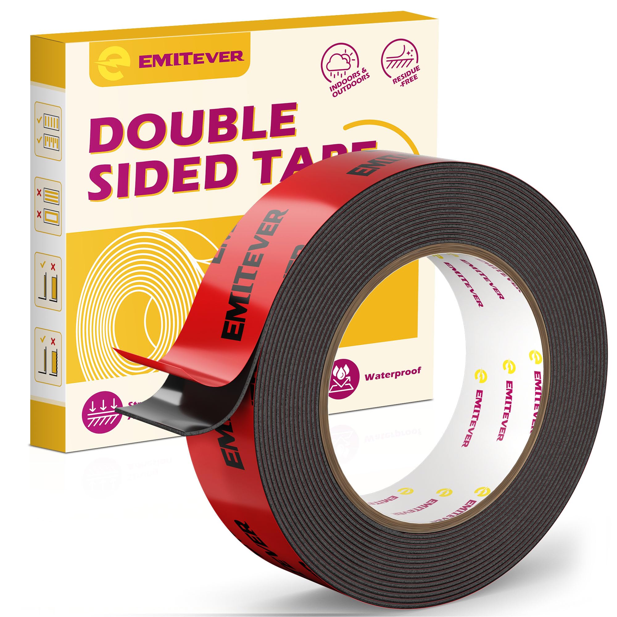 Emitever Doppelseitiges Klebeband Extra Stark - 5m x 25mm, Wasserdichtes Multifunktionales Montageklebeband für Wand und LED-Streifen, Auto, Wohn, Bürodekor und Außende