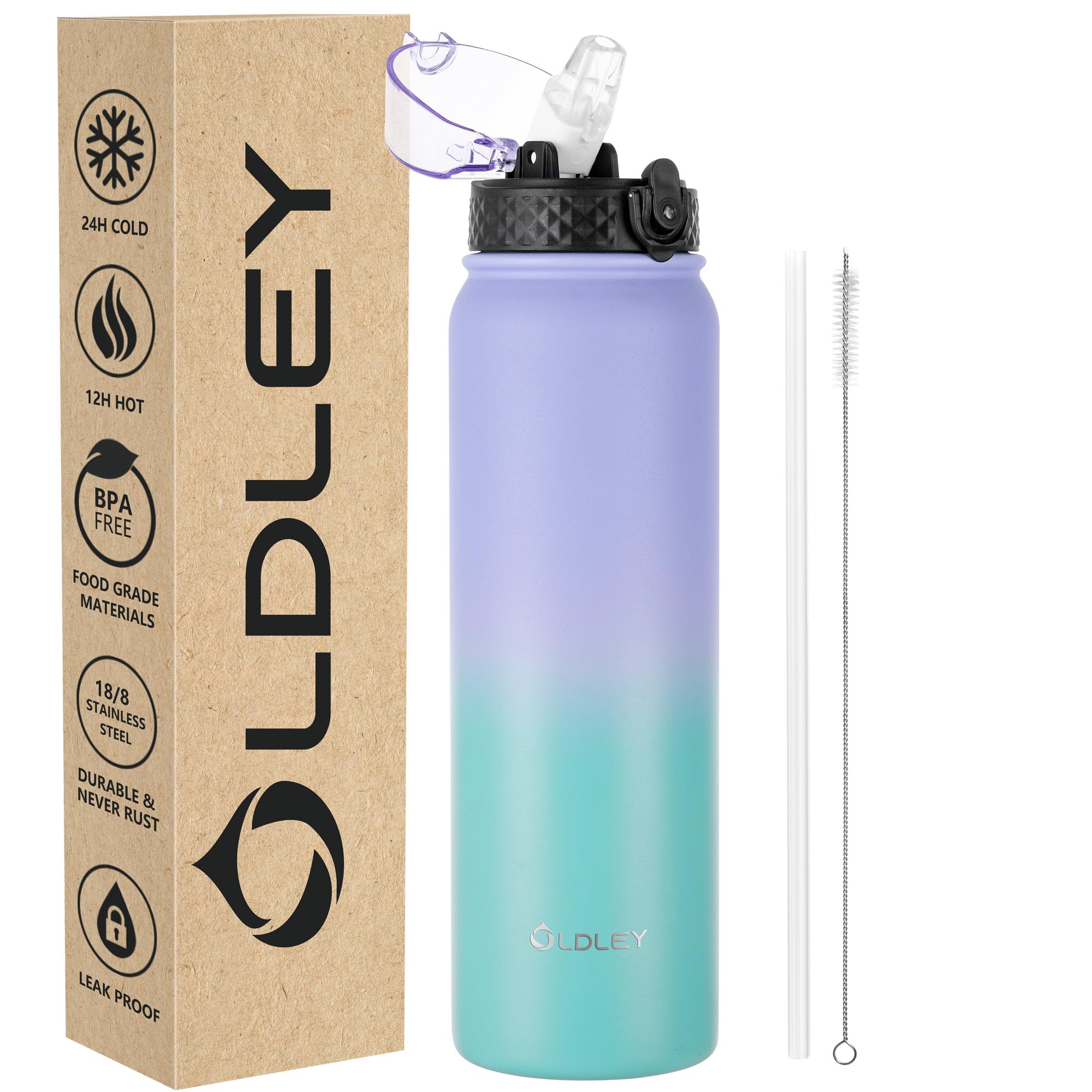 OLDLEY Stainless Steel Water Bottle with Straw 1L Vaccum Insulated Large Drink Flask Metal Water Bottles 1 litre Leakproof Keep Drinks Hot Cold for Sports Gym Work Adult Women Men(Purple Green, 1 Lid) — image 1