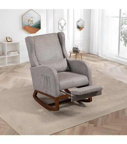 NIOIIKIT Oversized Nursery Glider Rocking Chair With Adjustable Footrest - Beige Linen, Wide Seat Reading Chair