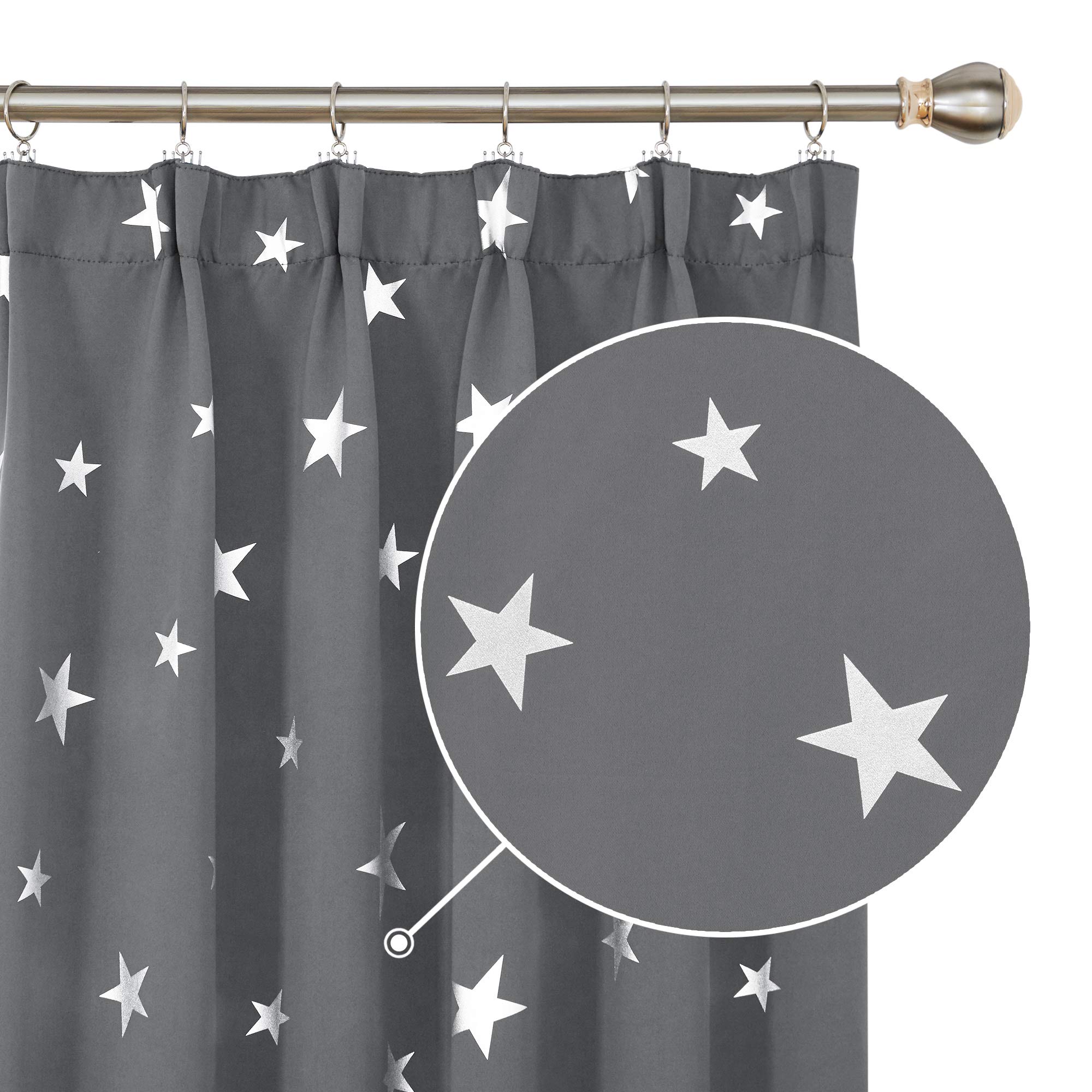 Deconovo Set of 2 Thermal Curtains with Star Pattern, Ruffle Tape, 95" x 52" (Height x Width), Light Grey