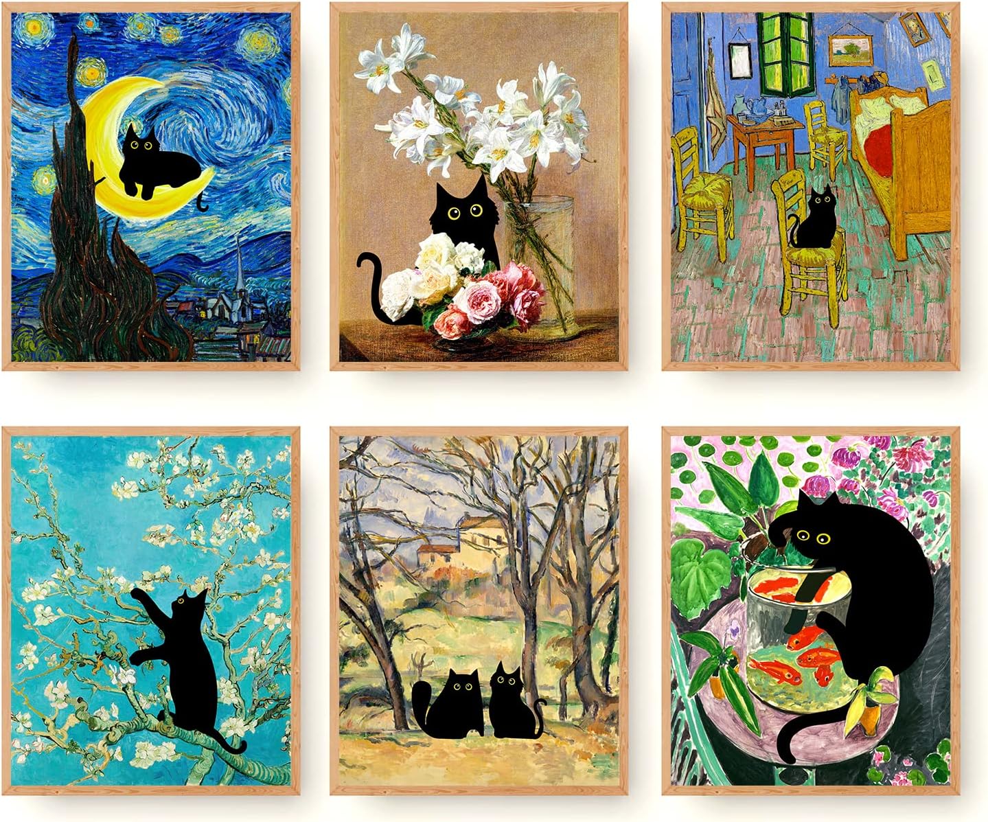 Wall Décor - Roslynity Funny Black Cat Wall Art Prints Set of 6 Canvas Artwork Cat Lover Posters Gift Cute Room Aesthetic Vintage Matisse Van Gogh Fantin for Living Room Bathroom Bedroom Decor (8