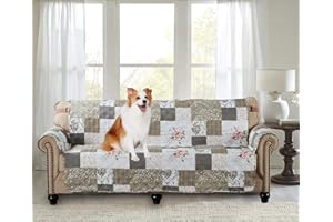Brilliant Sunshine Rose and Toile Patchwork Couch Cover, Quilted Large Sofa Slipcover, 70" Seat Width, Slip Resistant Furniture Protector, 2" Strap, Washable Couch Cover for Pets, Kids, Dogs,Rose Grey