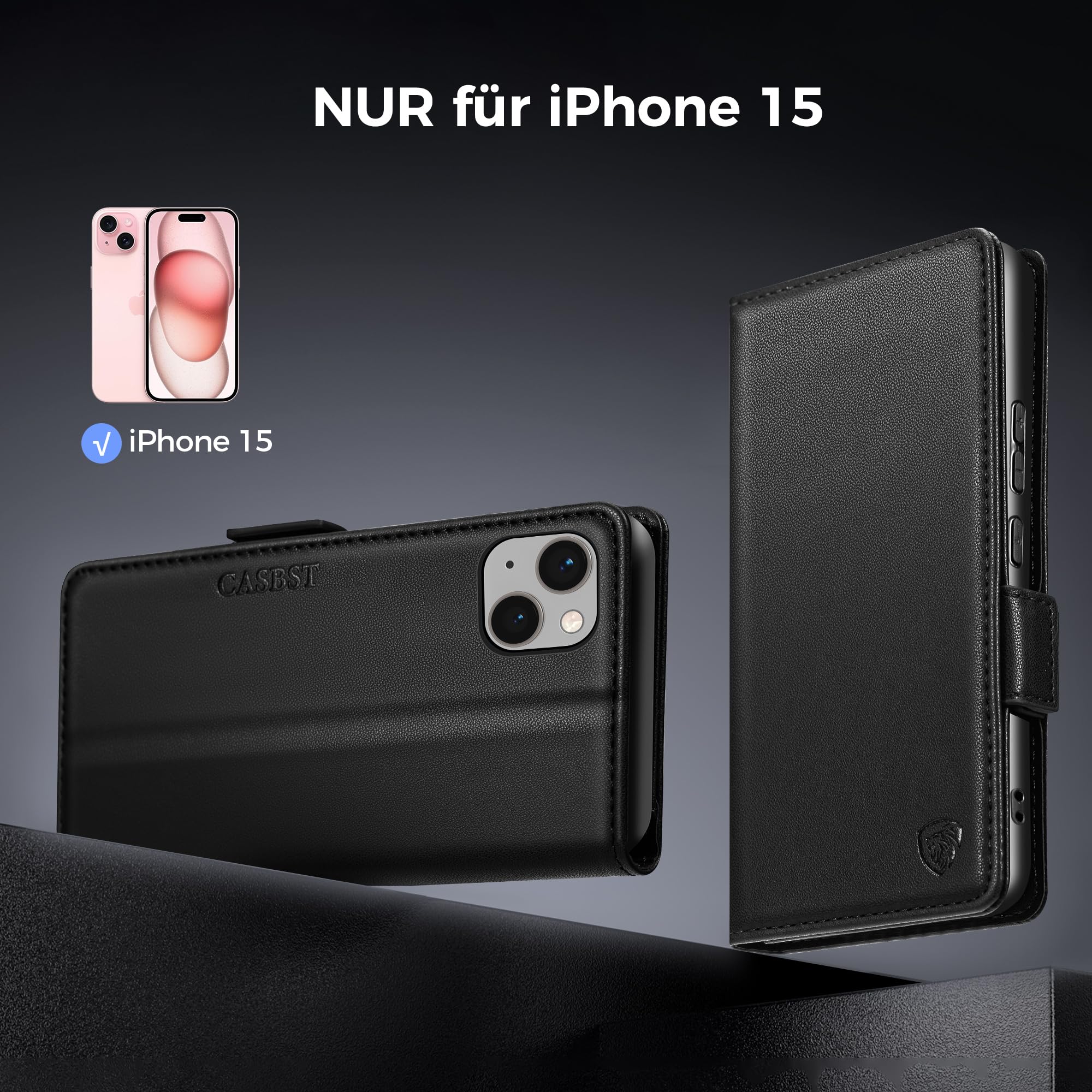 CASBST Handyhülle für iPhone 15 Hülle Premium Leder Schutzhülle Klappbar mit Kartenfach Ständer Magnet für iPhone 15 Handytasche mit RFID Kameraschutz Flip Case Klapphülle für iPhone 15 Schwarz