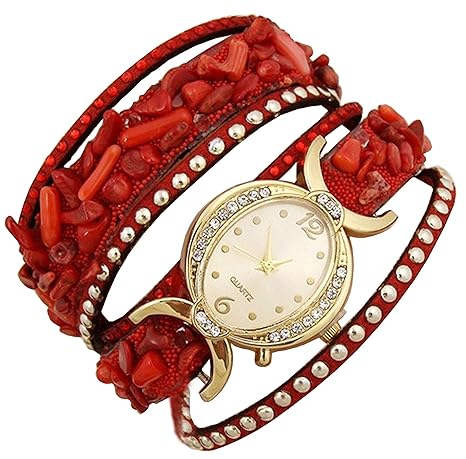 Aelo Red Bracelet Analogue Gold Dial Women's Watch - Www1049