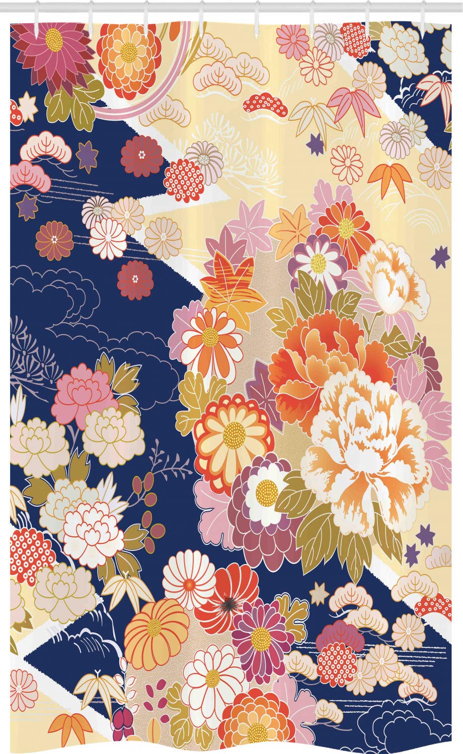 ABAKUHAUS Japanese Stall Shower Curtain, Traditional Kimono Motifs Composition Floral Patterns Vintage Artwork, Fabric Bathroom Decor Set with Hooks, 120 x 180 cm, Pink Indigo — image 1