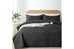 WURUIBO King/Cal King Quilt Set Black,Ultrasonic Embossed Bedspread, Lightweight Microfiber Coverlet, Modern Thin Bedding Set for All Season, 3 Piece(1 Quilt,2 Pillow Shams)