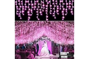 NIELFOI 33ft Icicle Lights for Outside, Pink Christmas Lights Outdoor Waterproof for House, 400 LED Twinkle Tree Lights with 75 Drops Clear Wire Short Curtain Lights for Room Home Wall Indoor Decorations