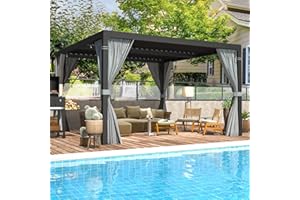 EROMMY 10x10FT Louvered Pergola Outdoor Sun Shade Shelter with Aluminum Frame and Adjustable Metal Rainproof Roof for Garden & Patio, Curtains and Netting Included, Gray-Black