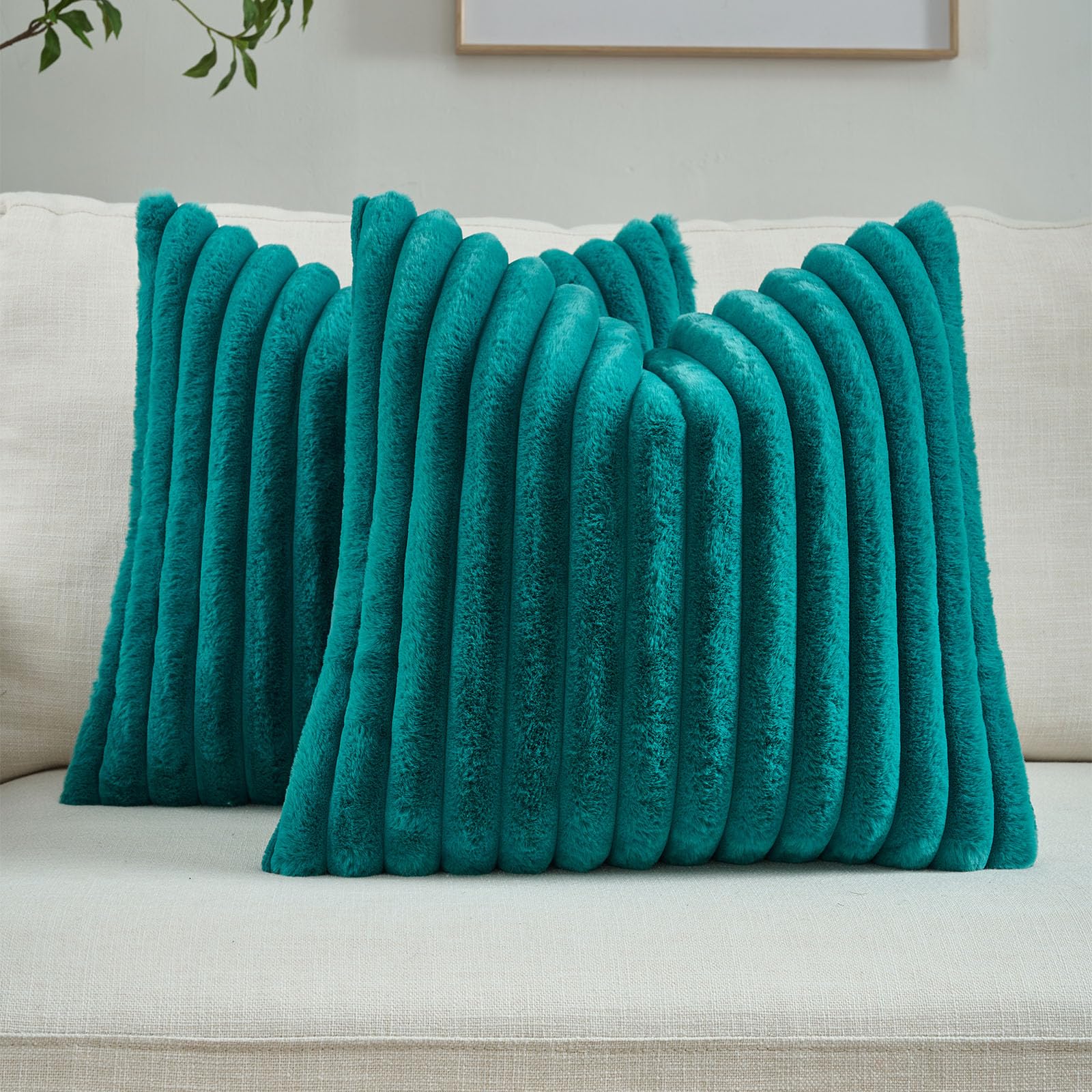 Photo 1 of FUTEI Teal Green Striped Decorative Throw Pillow Covers 22x22 Inch Set of 2,Square Winter Decorations Couch Pillow Case,Soft Cozy Faux Rabbit Fur & Velvet Back,Modern Home Decor for Bed