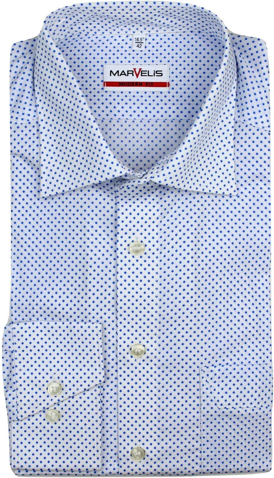 Mens Shirt Modern Fit White Blue Geometric Easycare Cotton Long Sleeve
