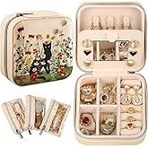 Bistup Travel Jewelry Case - Small Jewelry Organizers and Storage Box for Women Girls Teens Cute Traveling Jewelry Holder with Mirror Little Tiny Compact Modern Unique Aesthetic Pretty, Cat Flower
