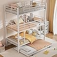 Bunk Beds, Metal Bunk Bed, Triple Bunk Bed for Kids,Teens, Adults, Girls, Boys, Detachable BunkBed Can Be Divided into 3 Twin Beds,No Box Spring Need (White-Twin Over Full)