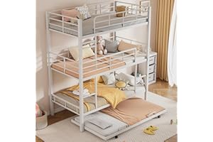 BOVZA Metal Twin Size Triple Bunk Bed with Trundle for 4, Twin Over Twin Over Twin 3 Bunk Beds with 2 Ladders & Guardrails, Convertible to 3 Separate Beds for Kids Teens, Space-Saving, White