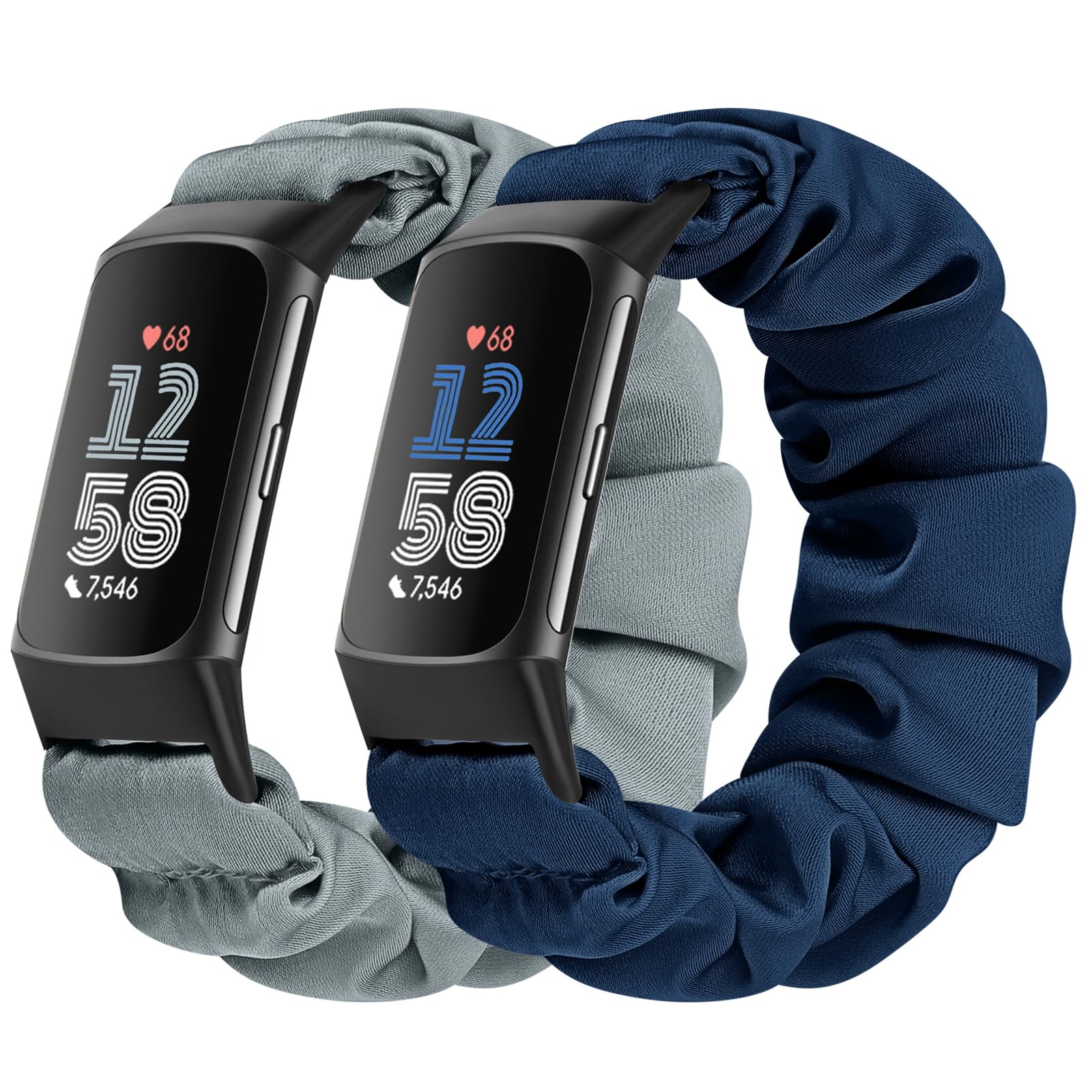 Bcuckood 2 Packs Scrunchie Straps Compatible with Fitbit Charge 6/Charge 5, Soft Cute Pattern Printed Fabric Elastic Solo Loop Cloth Scrunchy Replacement Wristband for Women Girls