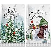 Winter Kitchen Towels, Hello Winter Towels Set of 2, Christmas Tree Snowflakes Dish Towels for Kitchen with Black White Buffalo Plaid Cardinal Let It Snow Seasonal Gifts Decor for Home, 18x28 Inches