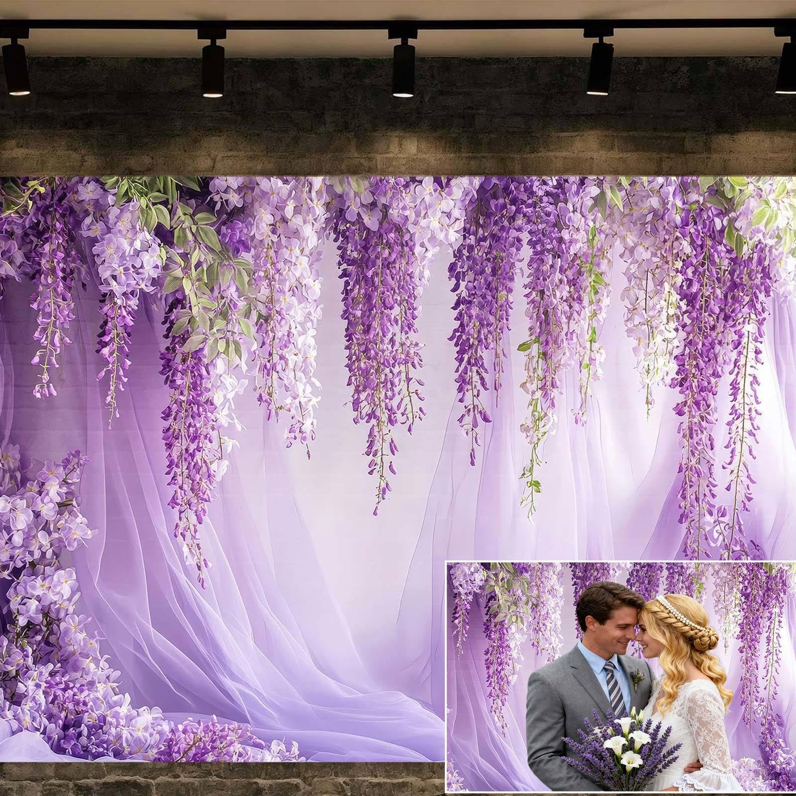 Photo 1 of 10X8ft Wedding Photography Backdrop Purple Wisteria Flowers Backdrop Spring Floral Birthday Wedding Birthday Party Banner Girl Women Portrait Photo Booth Props Anniversary Ceremony Bridal Background