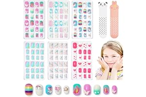 Modelones Press on Nails for Kids 144Pcs 6 Pack Children Acrylic Fake Nails Pre-glue Full Cover Glitter Gradient Color Starts Unicorn Butterfly False Nail Kits Sets Easter Gifts for Kids Girls