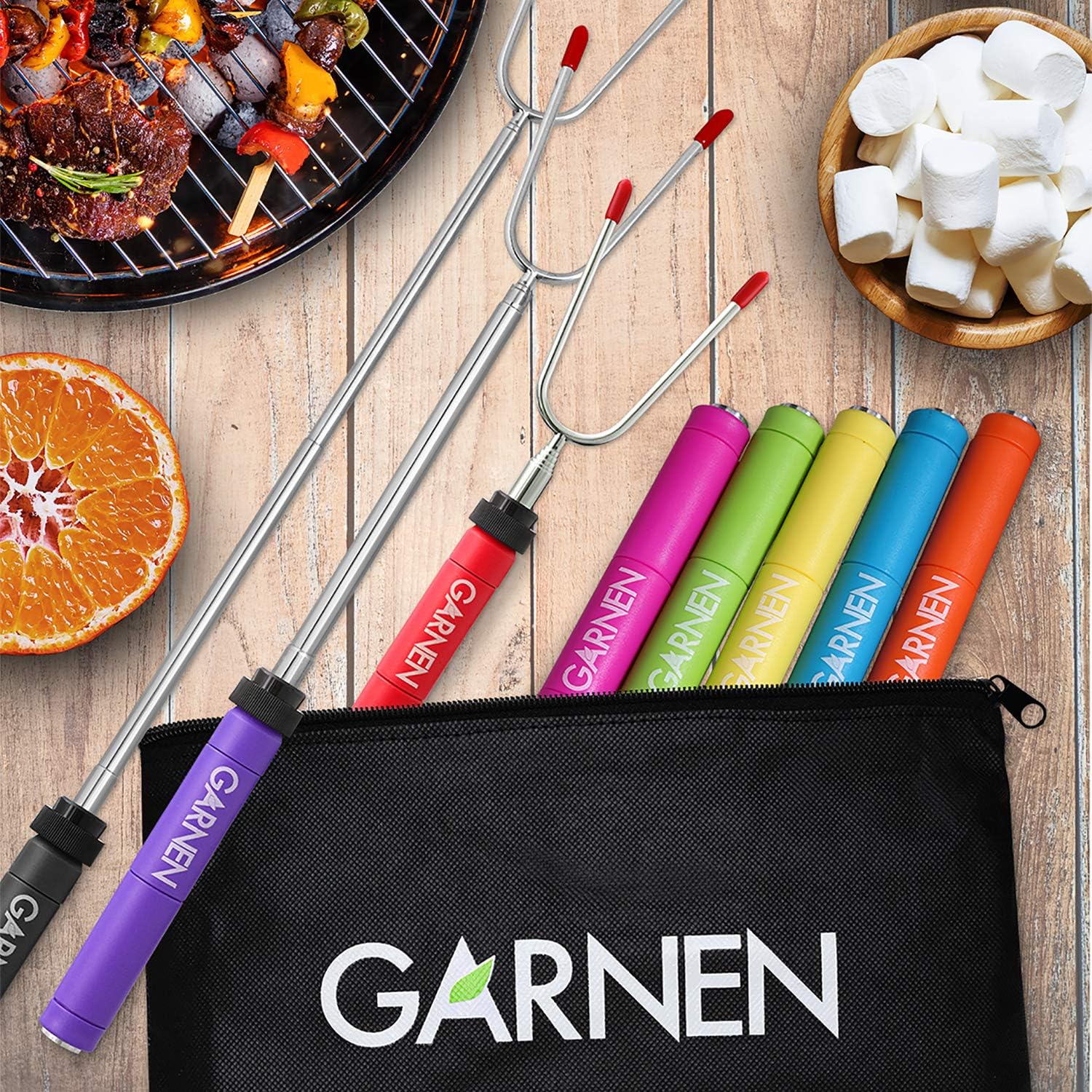 Garnen BBQ Marshmallow Roasting Smores Sticks with Pouch (8 Packs), 34 inch Extendable Rotating Stainless Steel Skewer Fork with Plastic Handle for Kids Camping Grill Campfire Firepit: Computers & Accessories