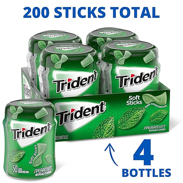 TRIDENT UNWRAPPED SPEARMINT SUGAR-FREE CHEWING GUM, 4 BOTTLES OF 50 PIECES (200 TOTAL PIECES)