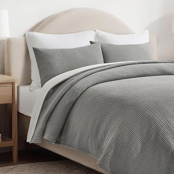 EVERGRACEHOME COTTON GAUZE KING BEDSPREAD, ULTRA SOFT PREWASHED PICK STITCH MATELASSÉ COVERLET, LIGHTWEIGHT TEXTURED OVERSIZED KING QUILT BEDDING SET FOR ALL SEASON, WITH 2 SHAMS, FOG GRAY