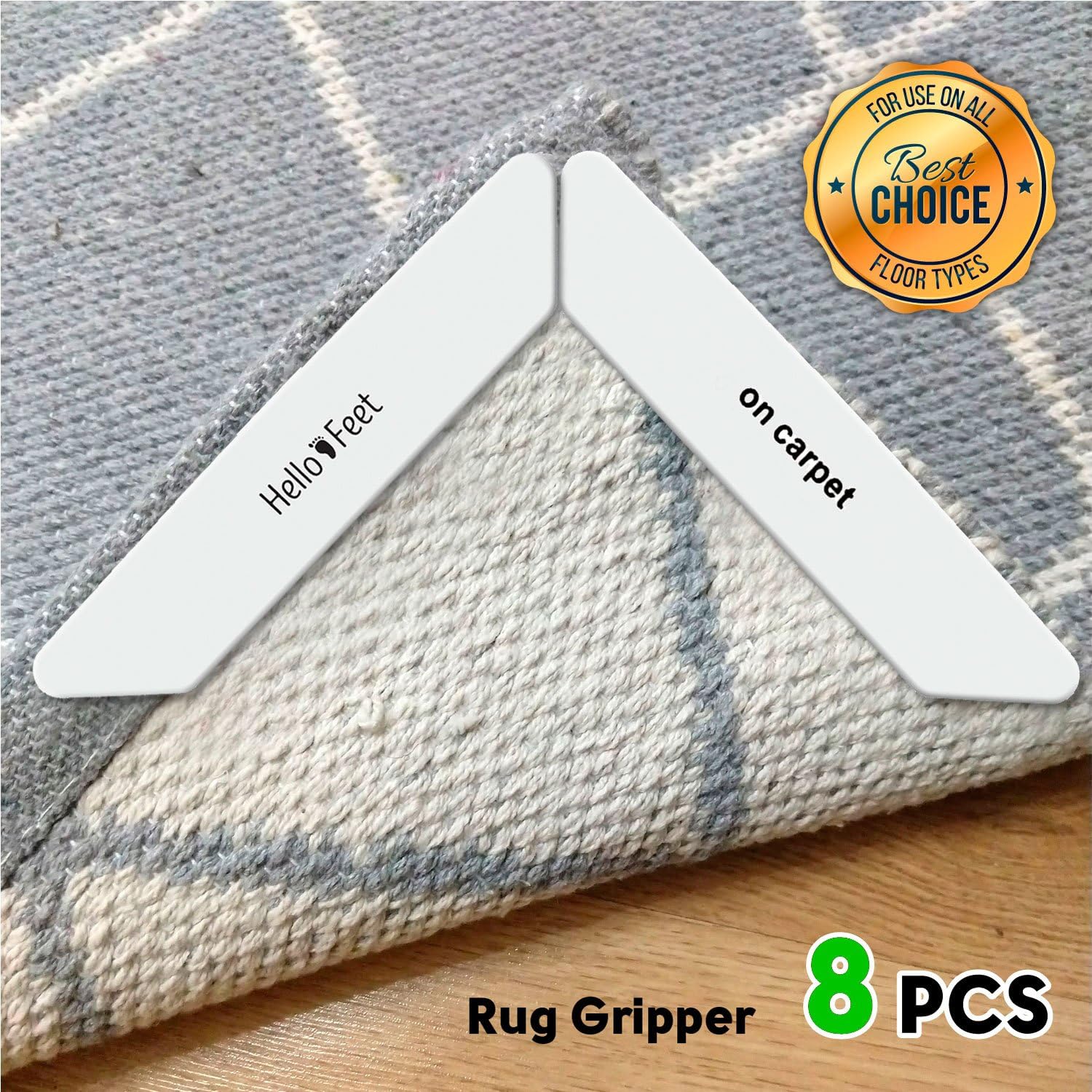 Rug Gripper Pads - Anti Curling Non Slip Carpet Anchors (8 pcs) - Super Sticky Reusable Rug Holders - Perfect for Wood Tile Laminate Floor - Flatten Corners and Stop Slipping