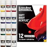 Liquitex Soft Body Acrylic Paint, 12 x 22ml (0.74-oz), Essentials Set | Low Viscosity, Highly Pigmented, Satin Finish, Retains Subtle Brush Strokes, Great Surface Coverage, Highly Versatile