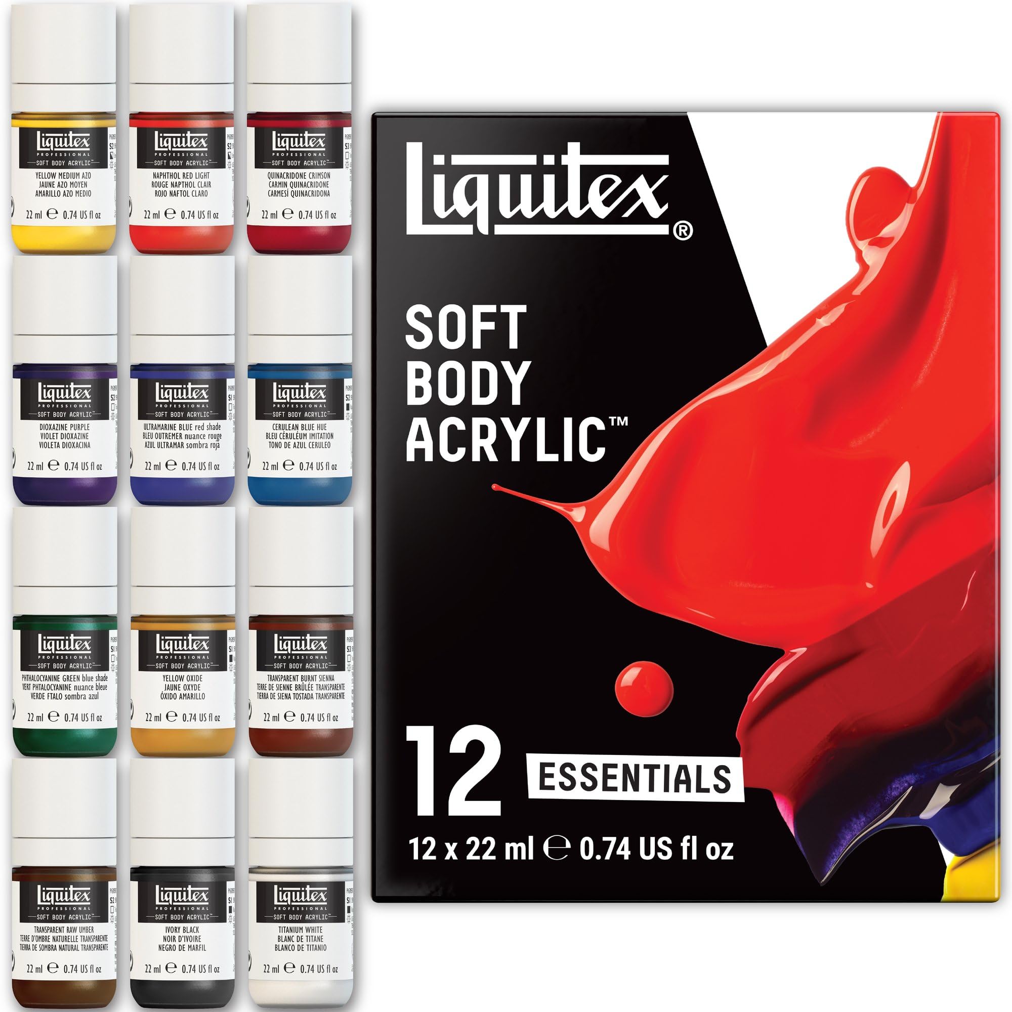 Liquitex Essentials 3699321 Professional Soft Body Acrylic Paint Pigments, High Colour Brilliance, Lightfast, Opaque, Waterproof and Environmentally Friendly, Acrylic Set 12 Colours