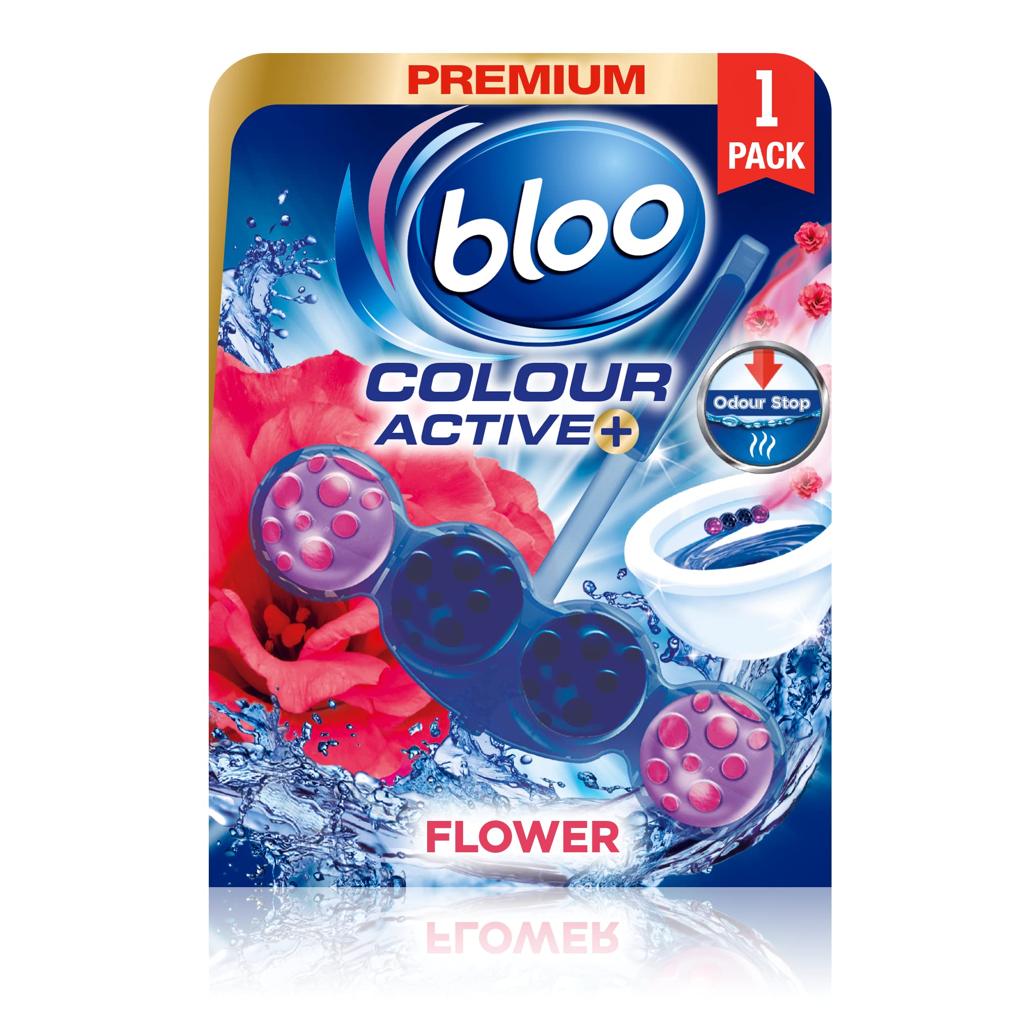 Bloo Colour Active Toilet Rim Block Fresh Flowers, with Anti-Limescale, Cleaning Foam, Dirt Protection and Extra Freshness