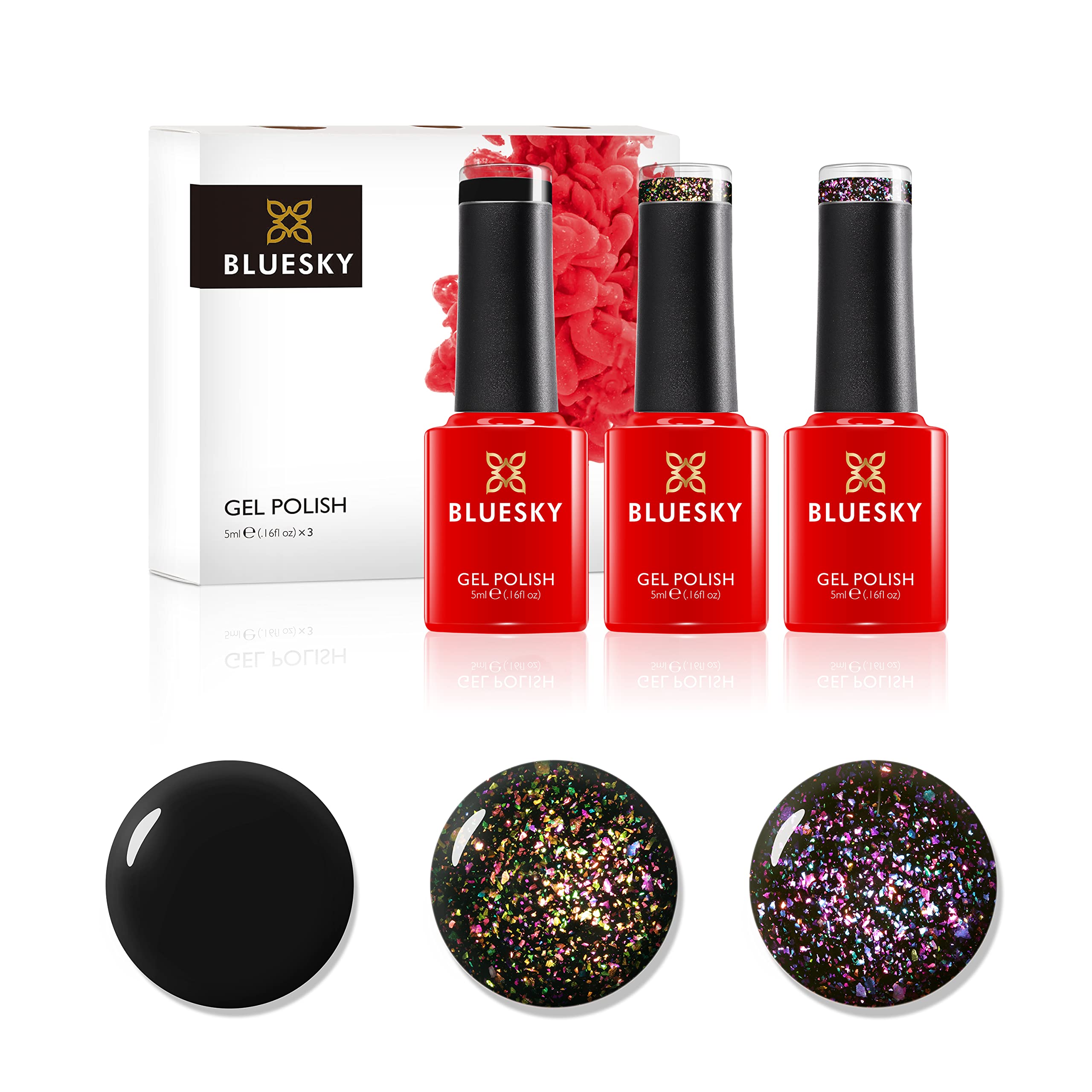 Bluesky Gel Nail Polish Set, Around The Galaxy, The Big Bang Galaxy01, Intergalactical Galaxy06, Blackpool 80518, 3 x 5 ml Black, Purple, Green, Gold (Requires Curing Under UV or LED Lamp)